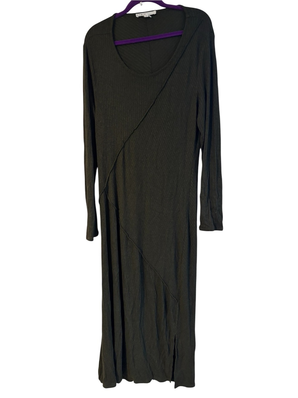 Cleo Olive Green Asymmetrical Ribbed Long Sleeve Midi Maxi Dress Size Large